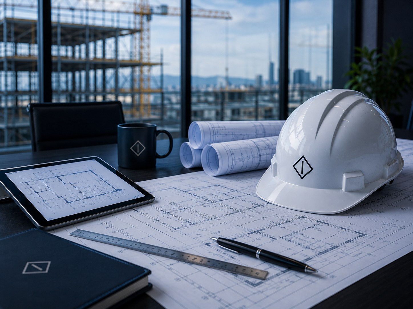 Construction plans, tablet, ruler, and hard hat