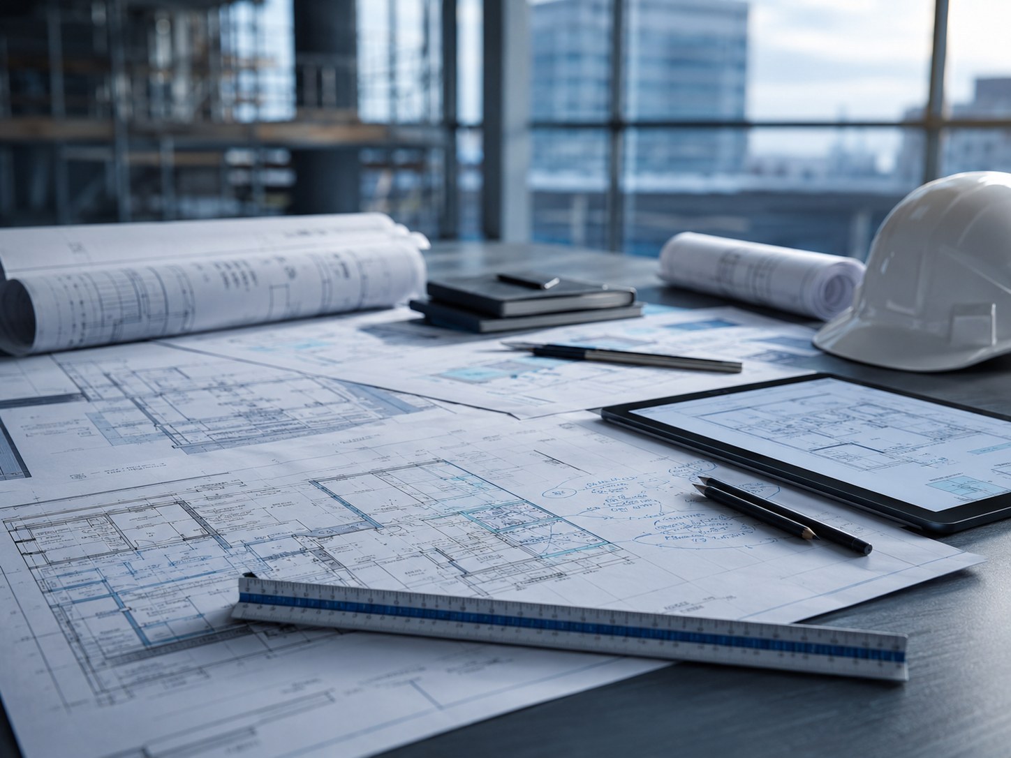 Technical plan review workspace with construction drawings
