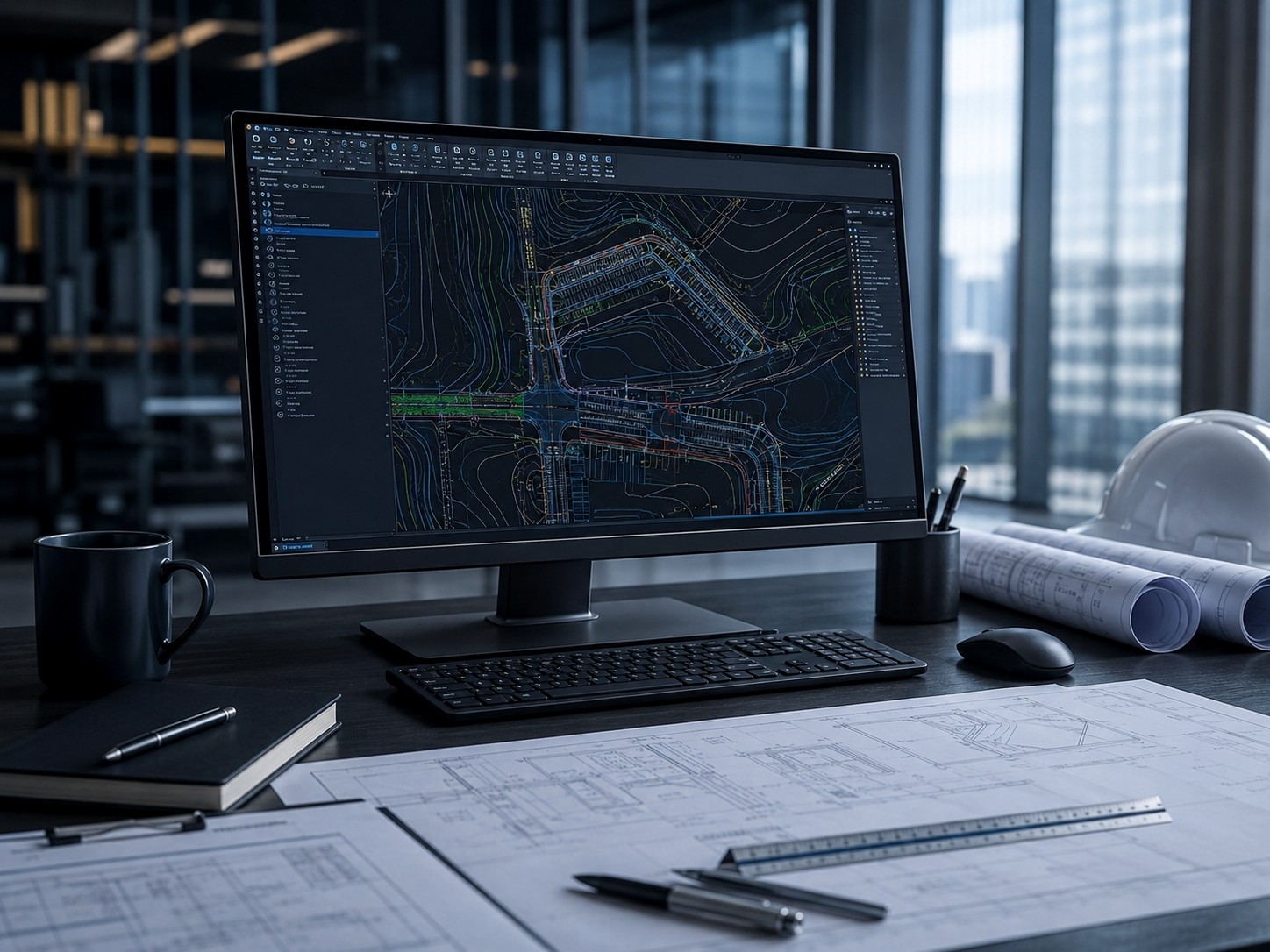 Civil 3D workstation with terrain model and grading information